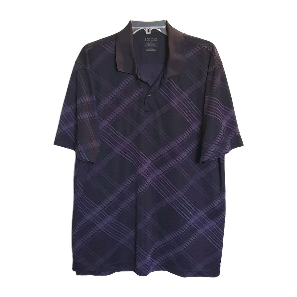 Izod Men's Polo Golf Shirt Elite Short Sleeve Dark Purple Geo Striped XLNT Sz XL